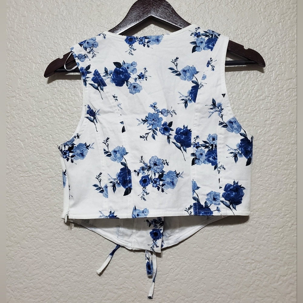 Blashe White Bustier Blue Rose Print Lace Up Corset Crop Top Junior/Womens Large - Picture 2 of 7